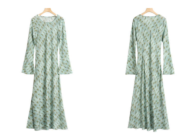Light Blue Mulberry Silk Dress with Artistic Prints and Flared Sleeves for Elegant Style
