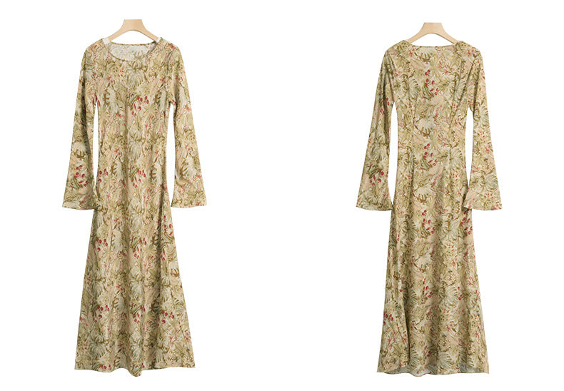 Elegant Mulberry Silk Dress with Artistic Prints and Long Sleeves for Stylish Women