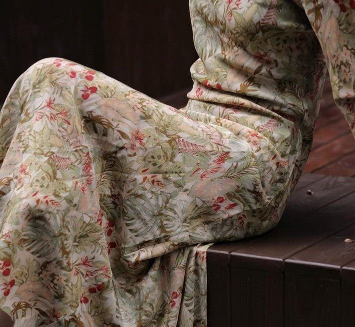 Elegant Mulberry Silk Dress with Artistic Prints featuring a floral pattern for a stylish look