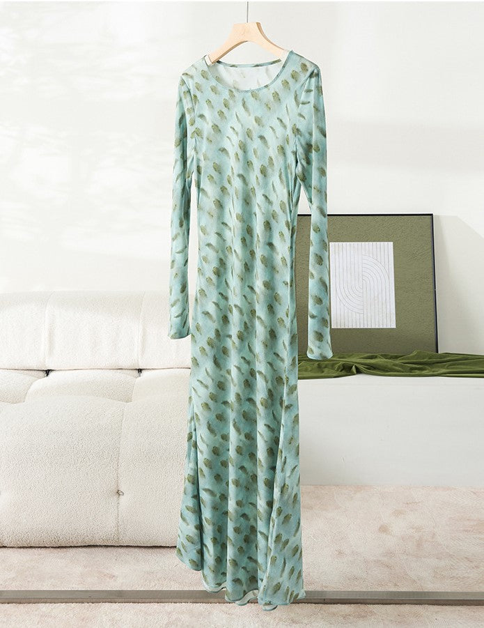 Elegant Mulberry Silk Dress with Artistic Prints in Soft Green for a stylish look
