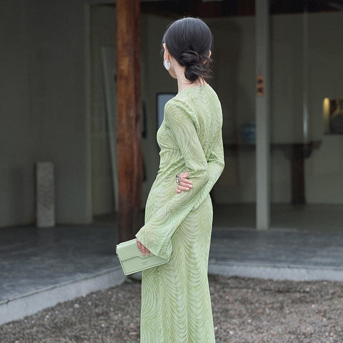 Elegant Mulberry Silk Dress with Artistic Prints, perfect for special occasions in a soft green hue