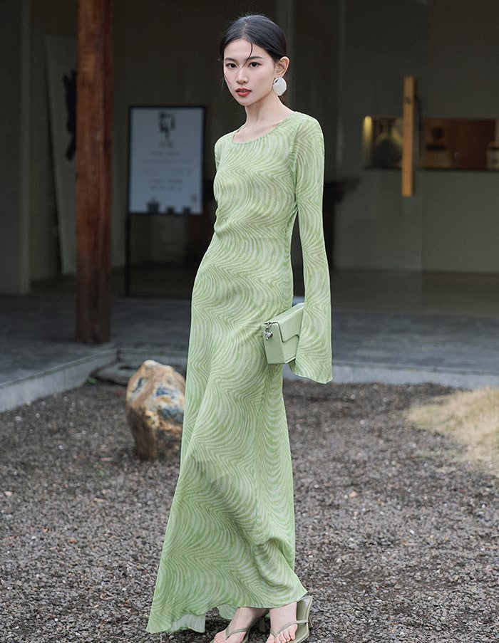 Elegant Mulberry Silk Dress with Artistic Prints in a Soft Green Color Perfect for Spring Events