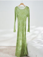 Mulberry Silk Dress with Artistic Prints in Green Waves Design for Elegant Style