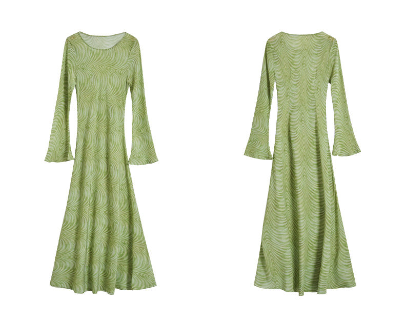 AM Vision RO Mulberry Silk Dress with Artistic Prints in Green and Flared Sleeves