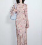 Elegant Mulberry Silk Dress with Artistic Prints in Soft Pastel Colors for Special Occasions