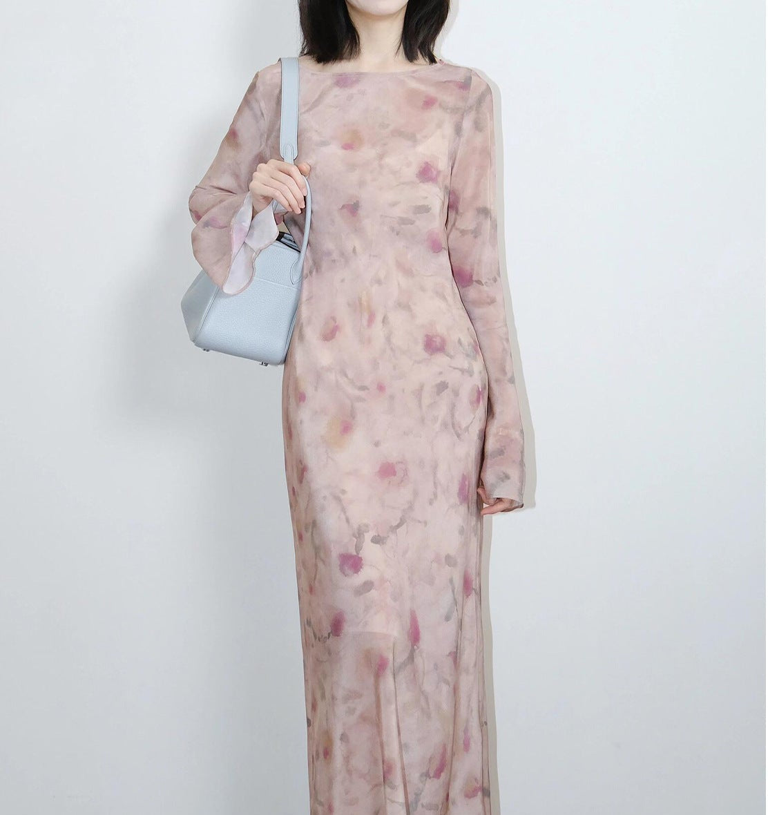 Elegant Mulberry Silk Dress with Artistic Prints in Soft Pastel Colors for Special Occasions