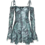 AM Vision RO Mystic Forest Dress with off-shoulder design and flowing sleeves in green floral pattern