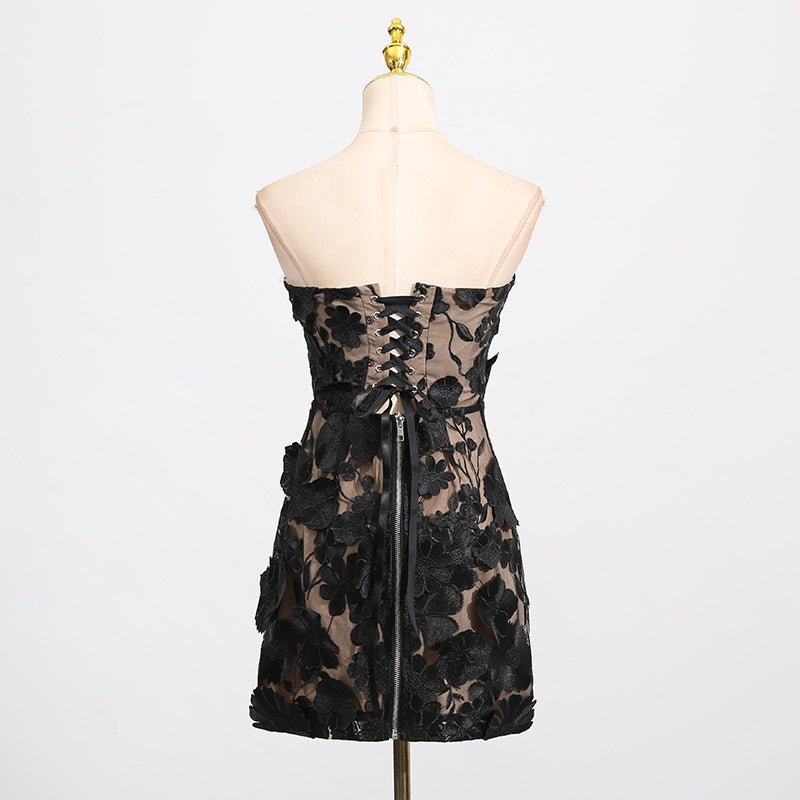 Back view of AM Vision RO Naked Illusion Dress With Embroidered Flowers showcasing elegant floral details