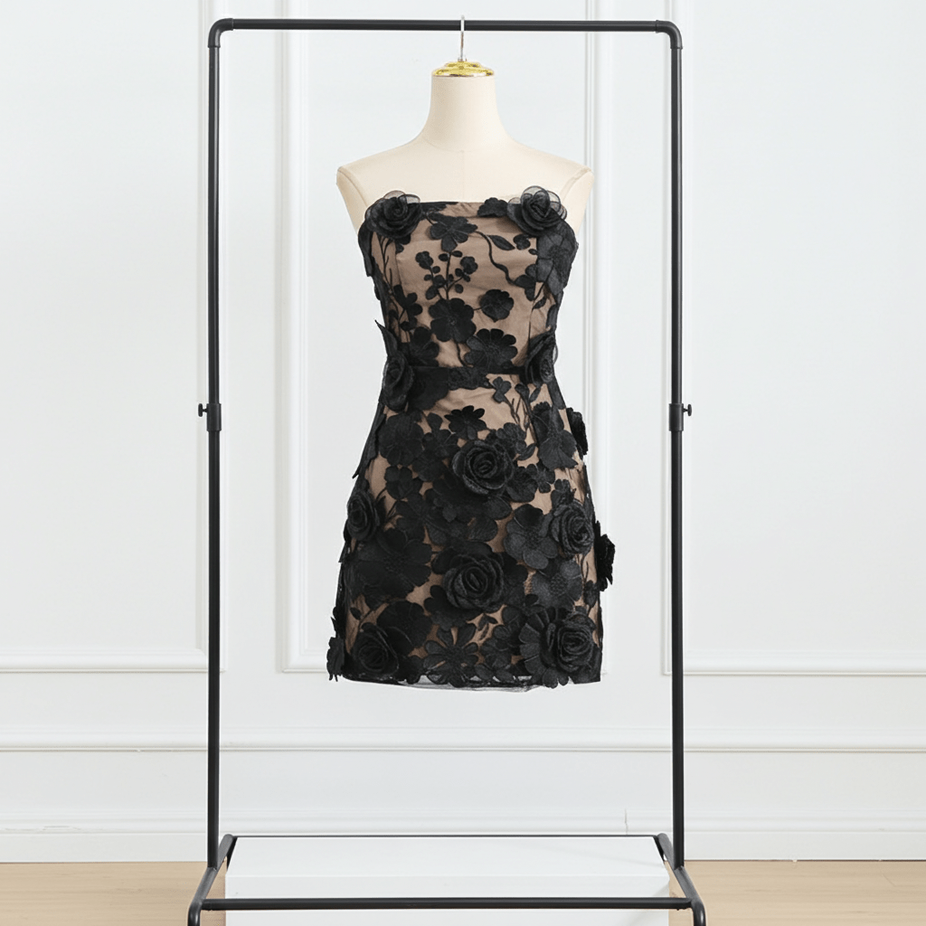 Naked Illusion Dress With Embroidered Flowers in Black, featuring a strapless design and floral embellishments