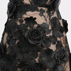 Naked Illusion Dress With Embroidered Flowers showcasing intricate floral designs in black on a sheer fabric
