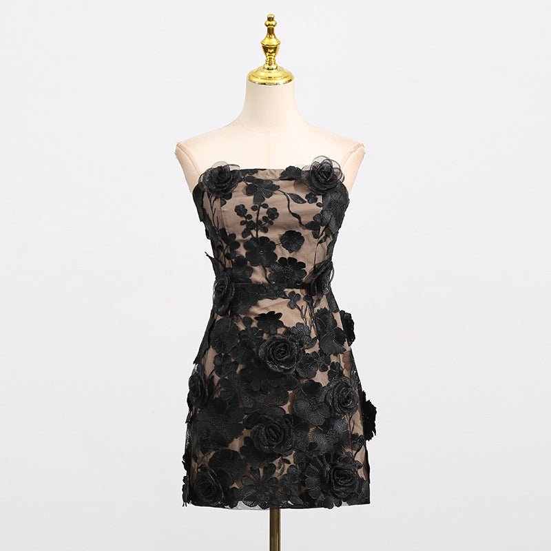 Naked Illusion Dress With Embroidered Flowers in black featuring a strapless design and floral embellishments