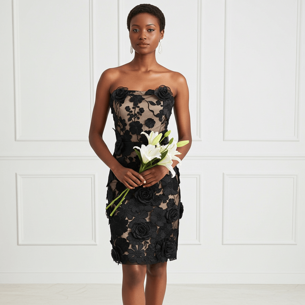 Elegant Naked Illusion Dress With Embroidered Flowers for special occasions featuring a strapless design