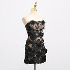 Naked Illusion Dress With Embroidered Flowers in Black, featuring a strapless design and floral accents