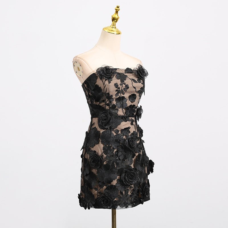 Naked Illusion Dress With Embroidered Flowers in Black, featuring a strapless design and floral accents