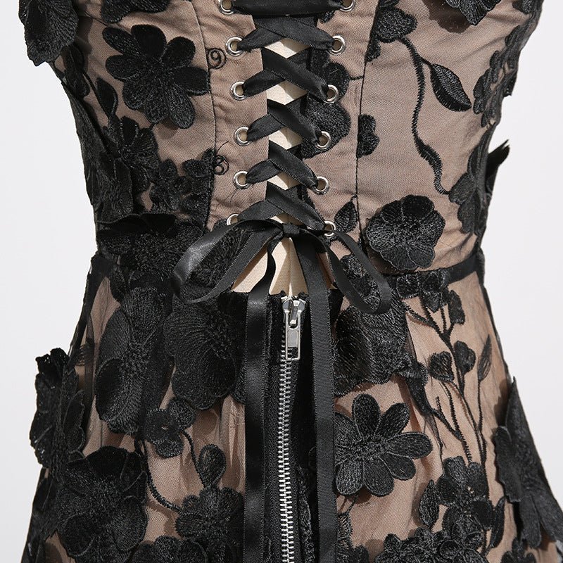 Naked Illusion Dress With Embroidered Flowers featuring a lace-up back and detailed floral embroidery