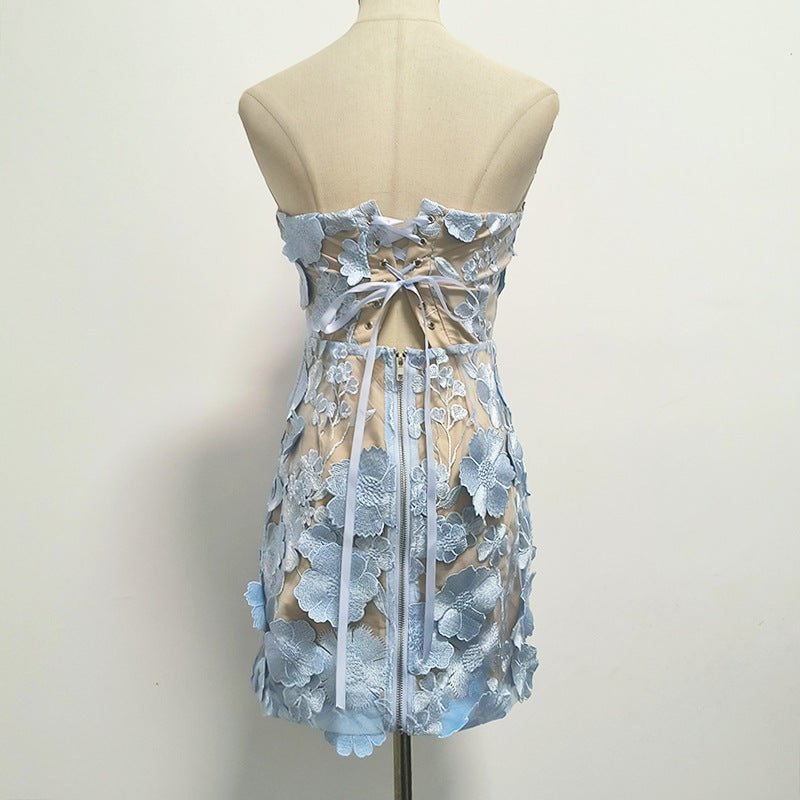 Naked Illusion Dress With Embroidered Flowers in light blue, featuring a stylish back ribbon detail