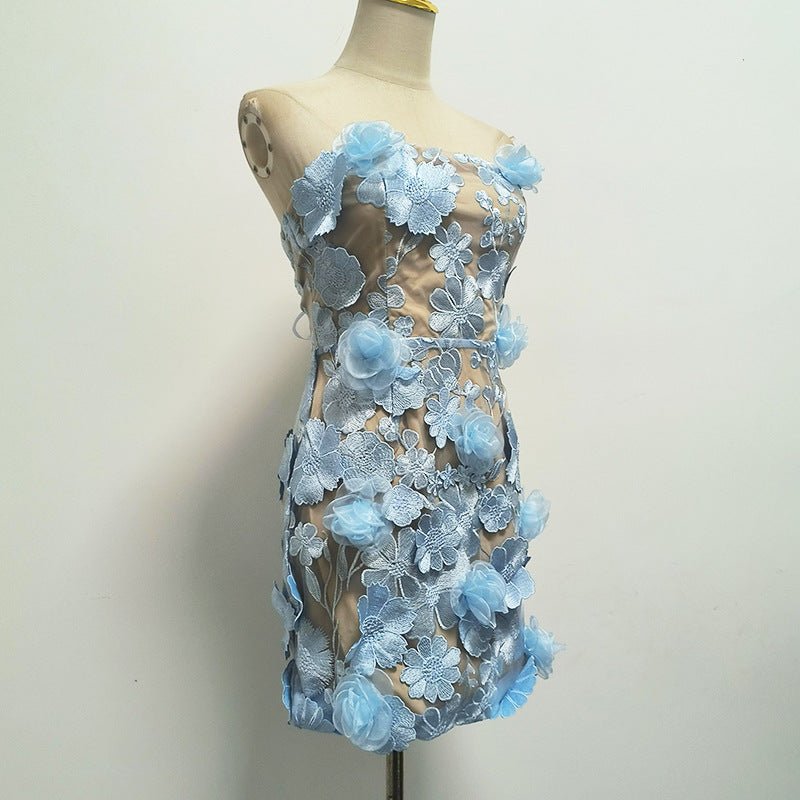 Naked Illusion Dress With Embroidered Flowers in light blue featuring intricate floral designs