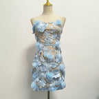 Naked Illusion Dress With Embroidered Flowers in Soft Blue for Elegant Evening Wear