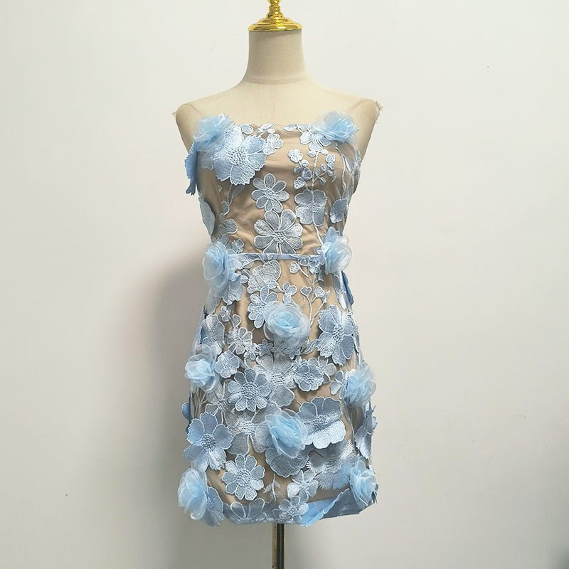 Naked Illusion Dress With Embroidered Flowers in Soft Blue for Elegant Evening Wear