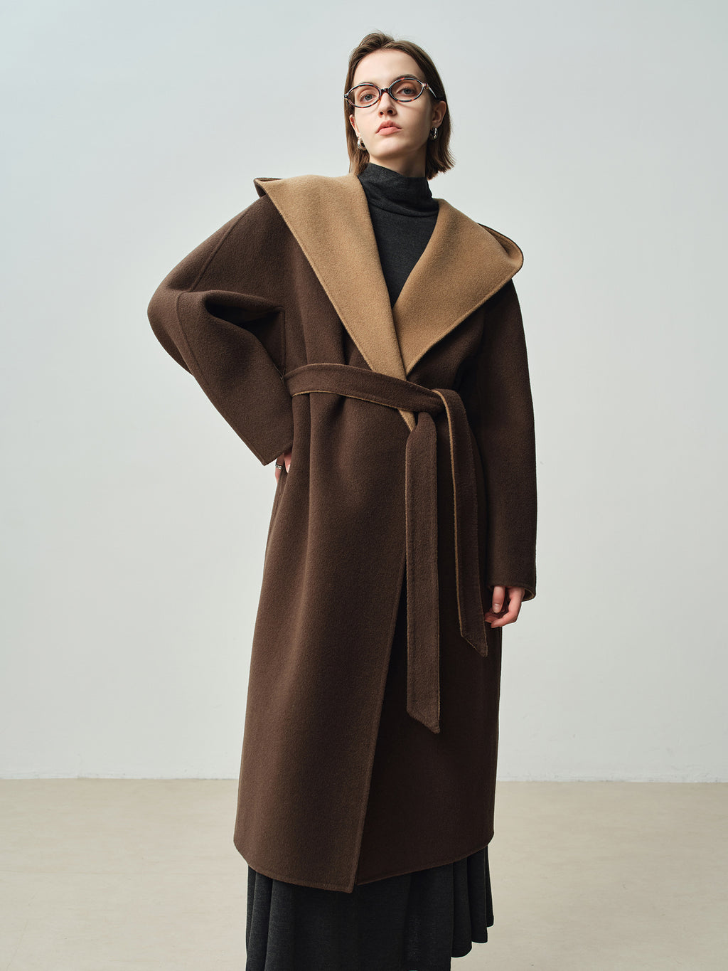 AM Vision RO Nara Wool X Cashmere Hooded Coat in brown with a stylish oversized collar and belt