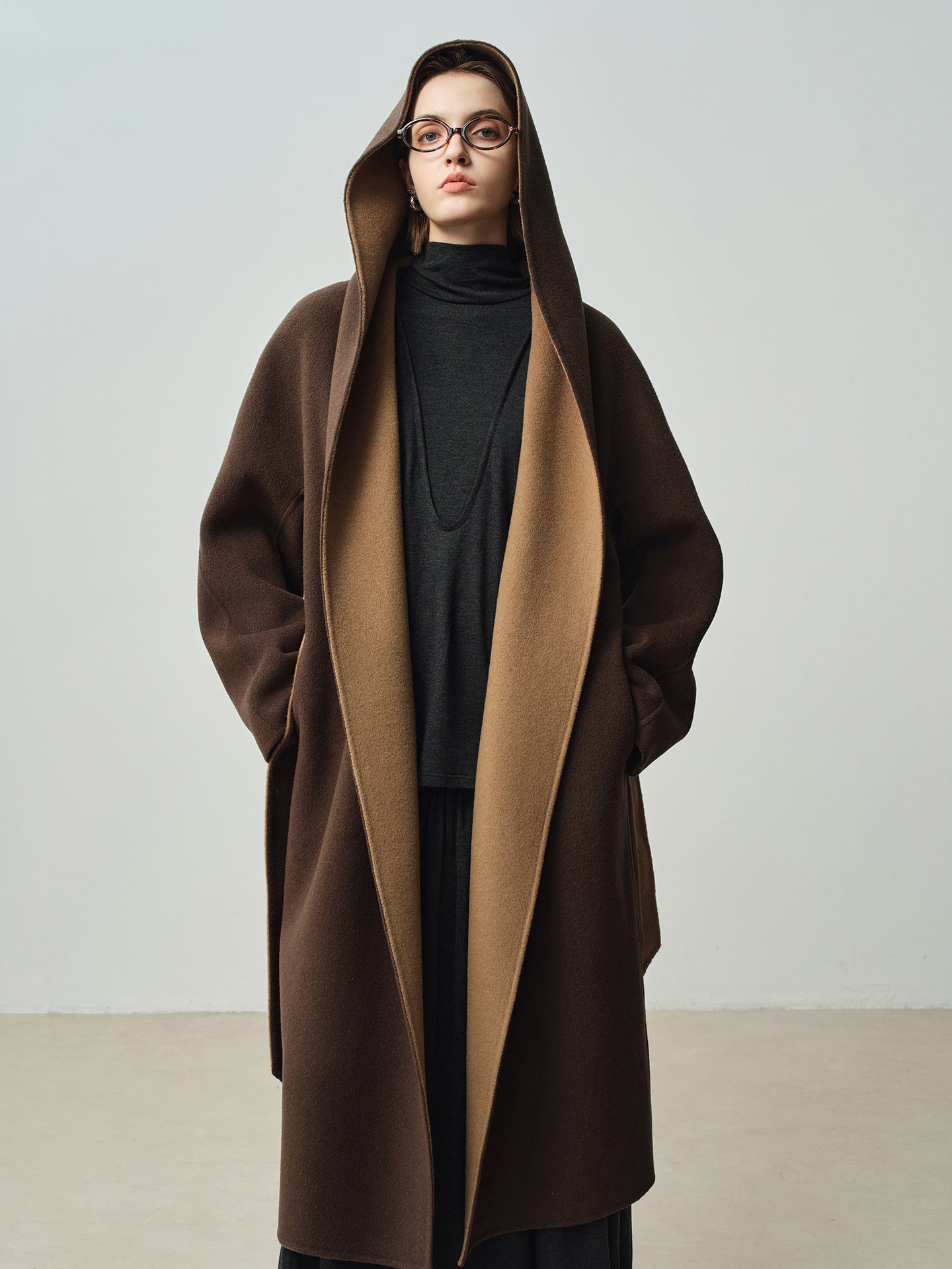 AM Vision RO Nara Wool X Cashmere Hooded Coat in Brown and Tan for a stylish winter look