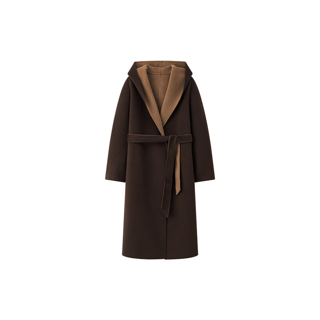 Nara Wool X Cashmere Hooded Coat in brown with a belted waist and elegant design for stylish warmth