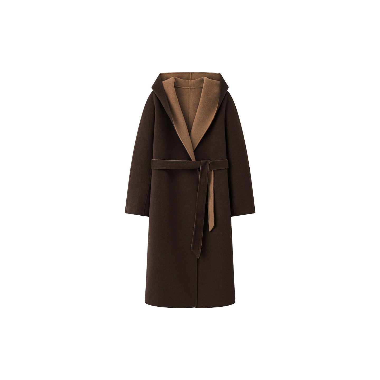Nara Wool X Cashmere Hooded Coat in brown with a belted waist and elegant design for stylish warmth