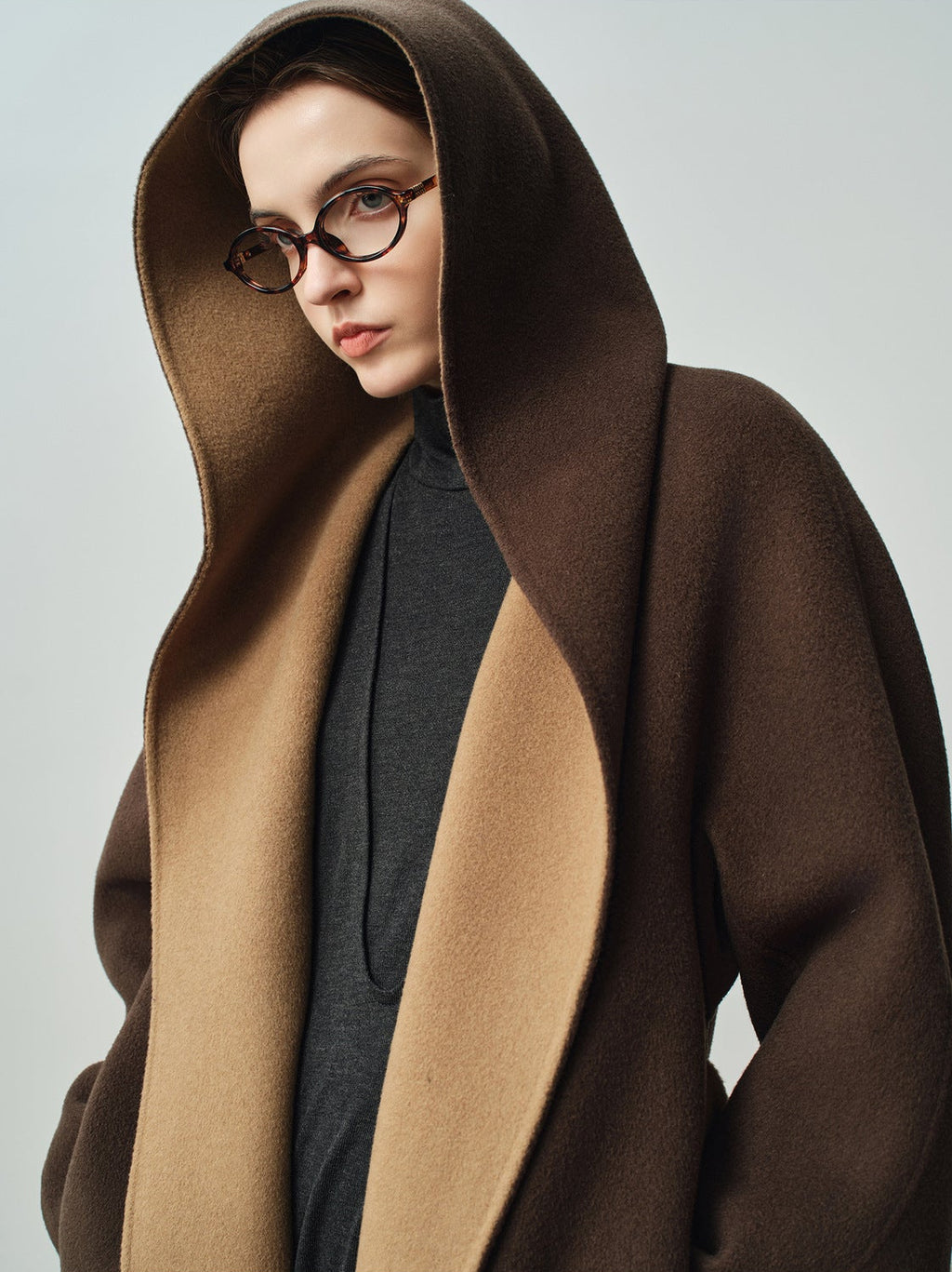 Nara Wool X Cashmere Hooded Coat in brown and beige with a relaxed fit and oversized hood