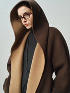 Nara Wool X Cashmere Hooded Coat in brown and beige with a relaxed fit and oversized hood