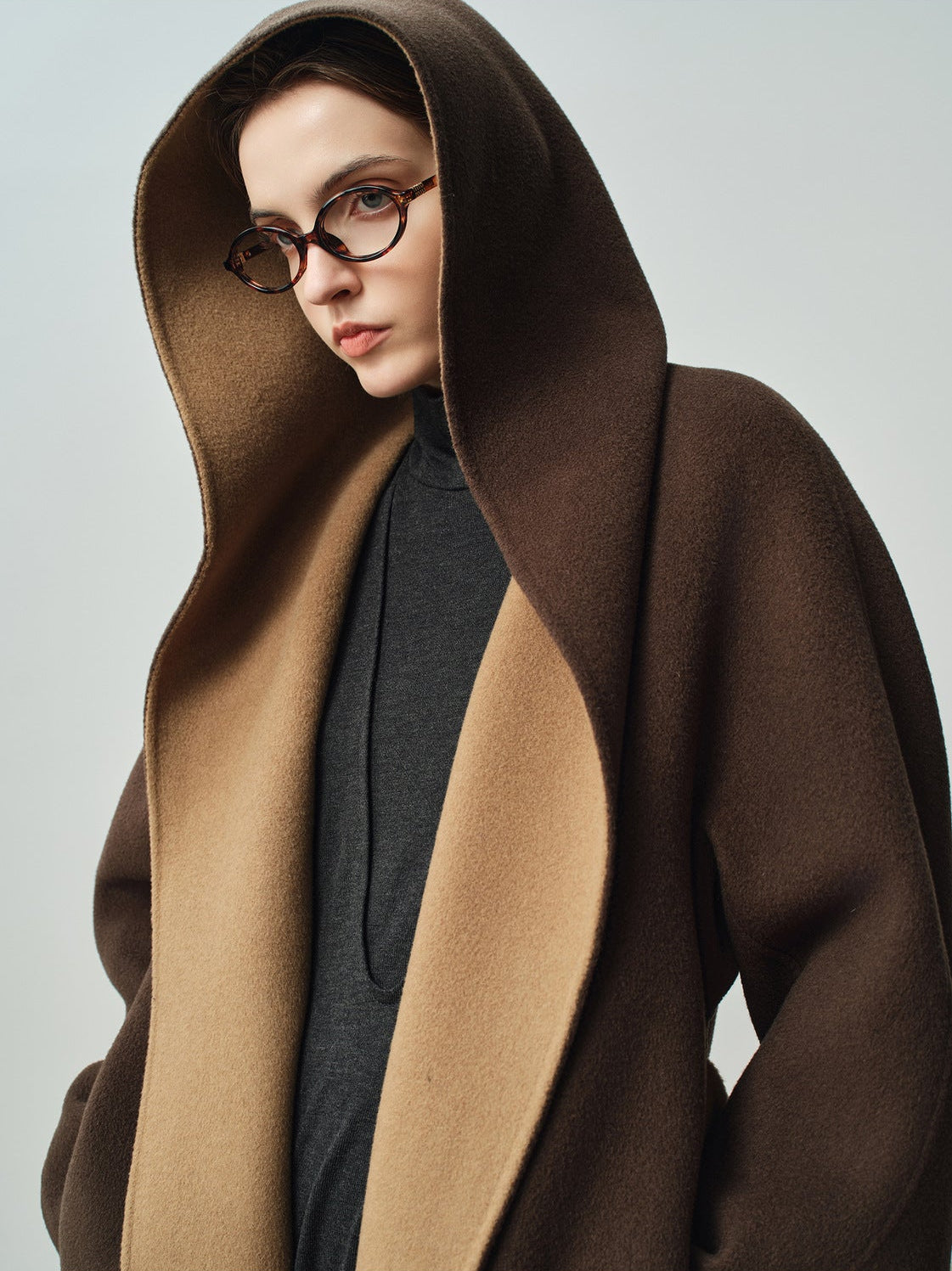 Nara Wool X Cashmere Hooded Coat in brown and beige with a relaxed fit and oversized hood