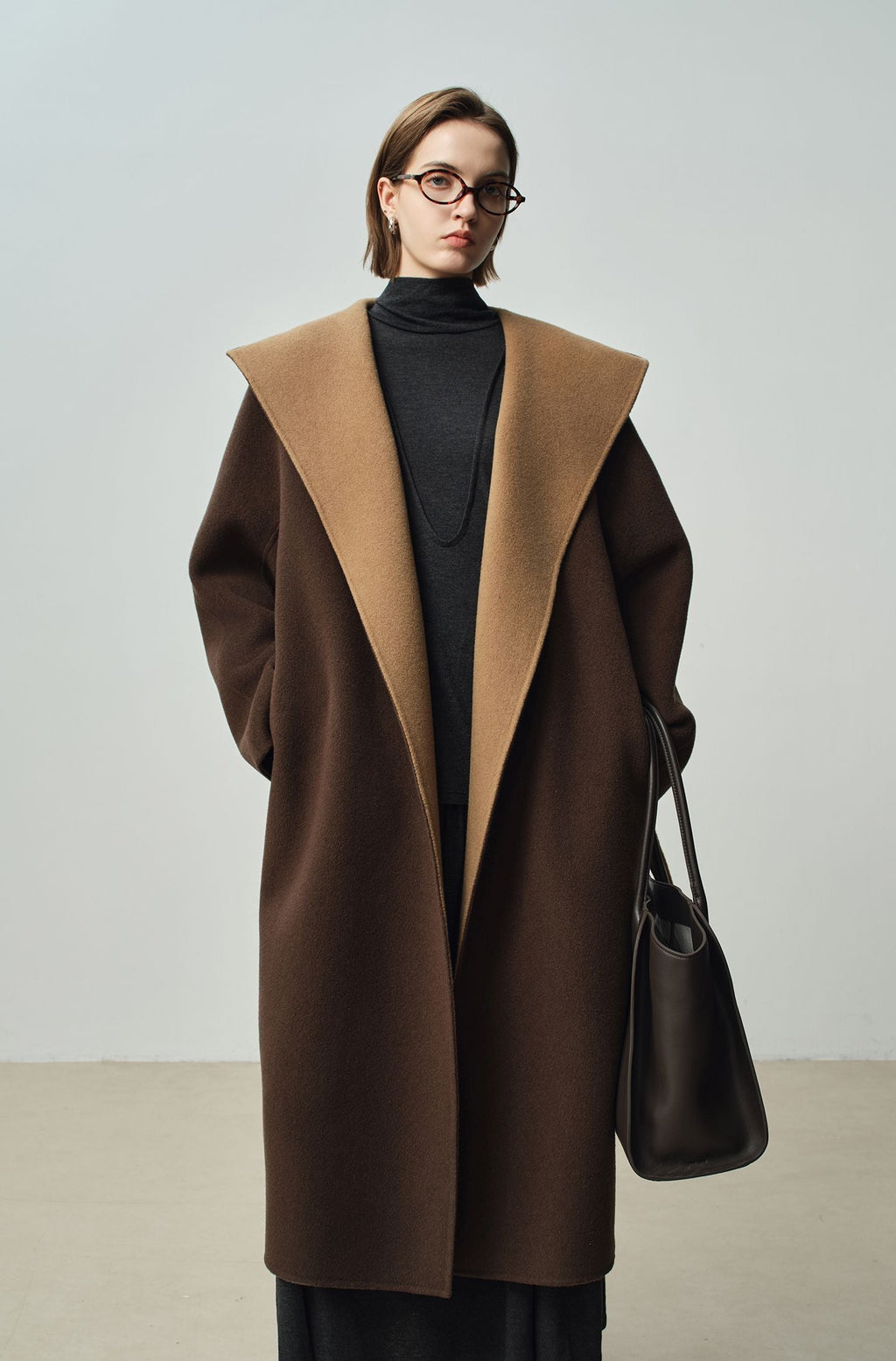 Nara Wool X Cashmere Hooded Coat in Brown and Tan for a stylish winter wardrobe