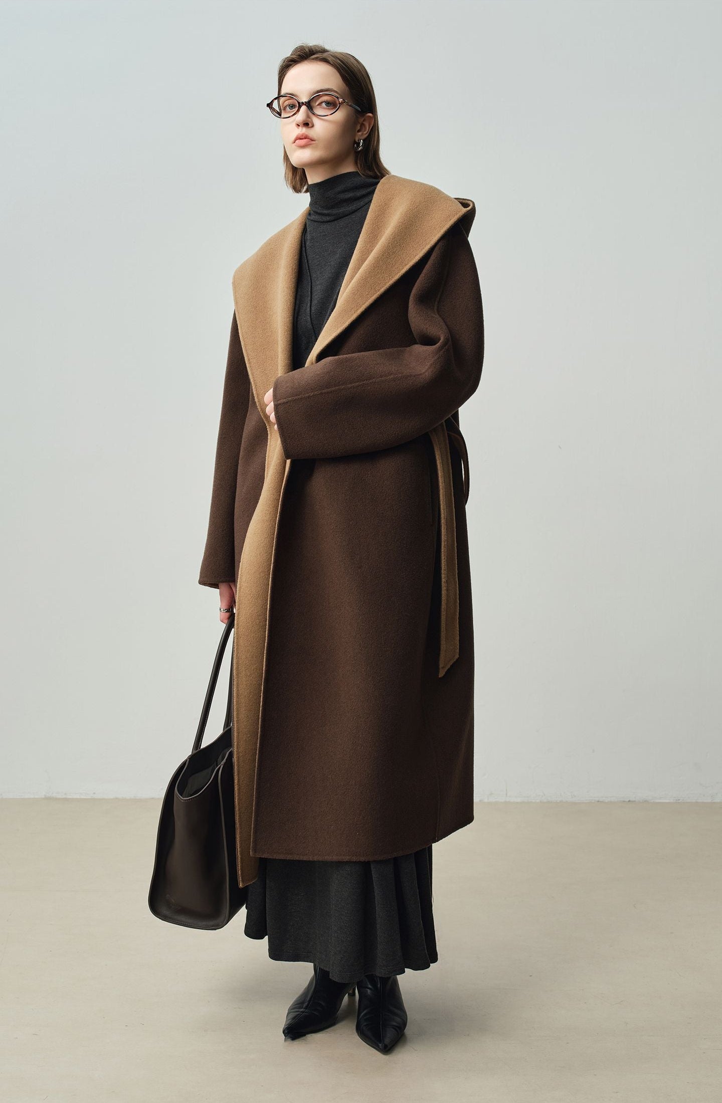 Stylish Nara Wool X Cashmere Hooded Coat in brown with a chic design for modern fashion lovers