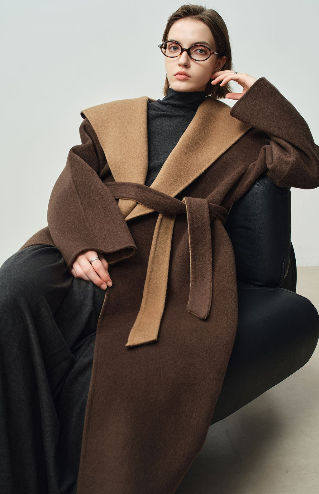 Nara Wool X Cashmere Hooded Coat in brown and tan, featuring a sleek design and a belted waist