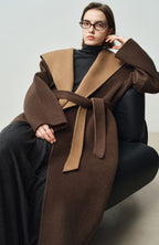 Nara Wool X Cashmere Hooded Coat in brown and tan, featuring a sleek design and a belted waist
