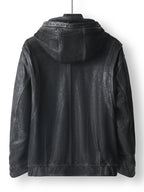 Back view of Noir Atlas Hooded Goatskin Jacket featuring a stylish and soft leather design