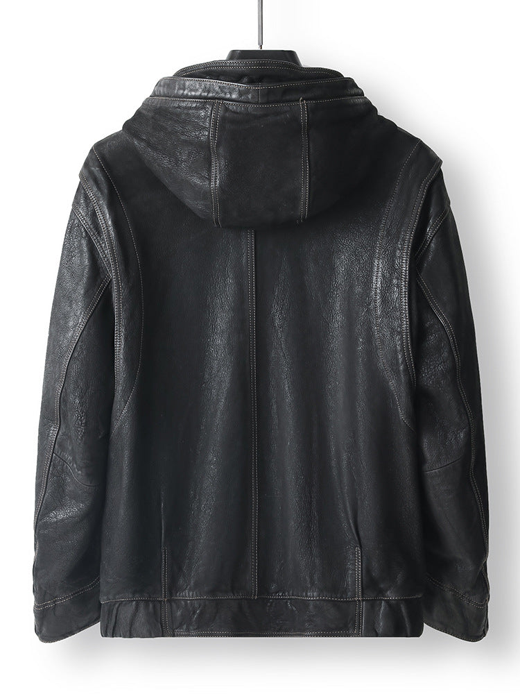 Back view of Noir Atlas Hooded Goatskin Jacket featuring a stylish and soft leather design