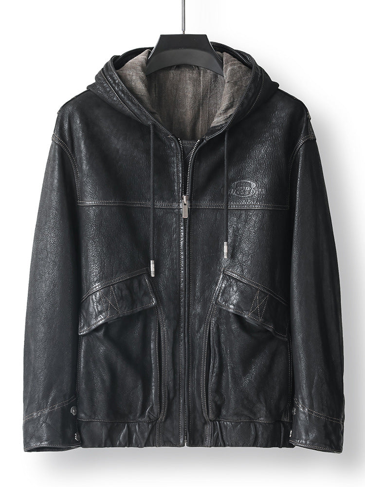 Noir Atlas Hooded Goatskin Jacket featuring a stylish design with multiple pockets and a comfortable hood