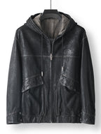 Noir Atlas Hooded Goatskin Jacket featuring a stylish design with multiple pockets and a comfortable hood