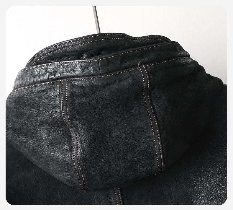 Close-up of the Noir Atlas Hooded Goatskin Jacket showcasing the texture and stitching of the hood