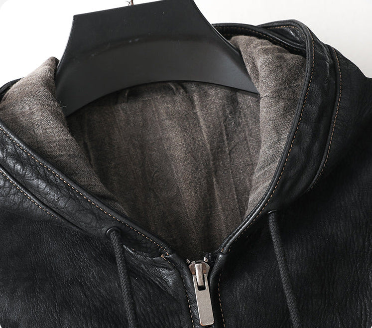 Noir Atlas Hooded Goatskin Jacket featuring a cozy lined interior for warmth and comfort