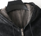Noir Atlas Hooded Goatskin Jacket featuring a cozy lined interior for warmth and comfort