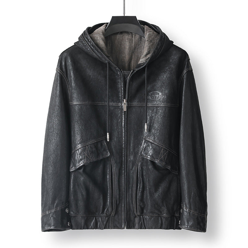 Noir Atlas Hooded Goatskin Jacket featuring a stylish design with pockets and a cozy hood