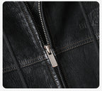 Close-up of the zipper detail on a Noir Atlas Hooded Goatskin Jacket with contrasting stitching
