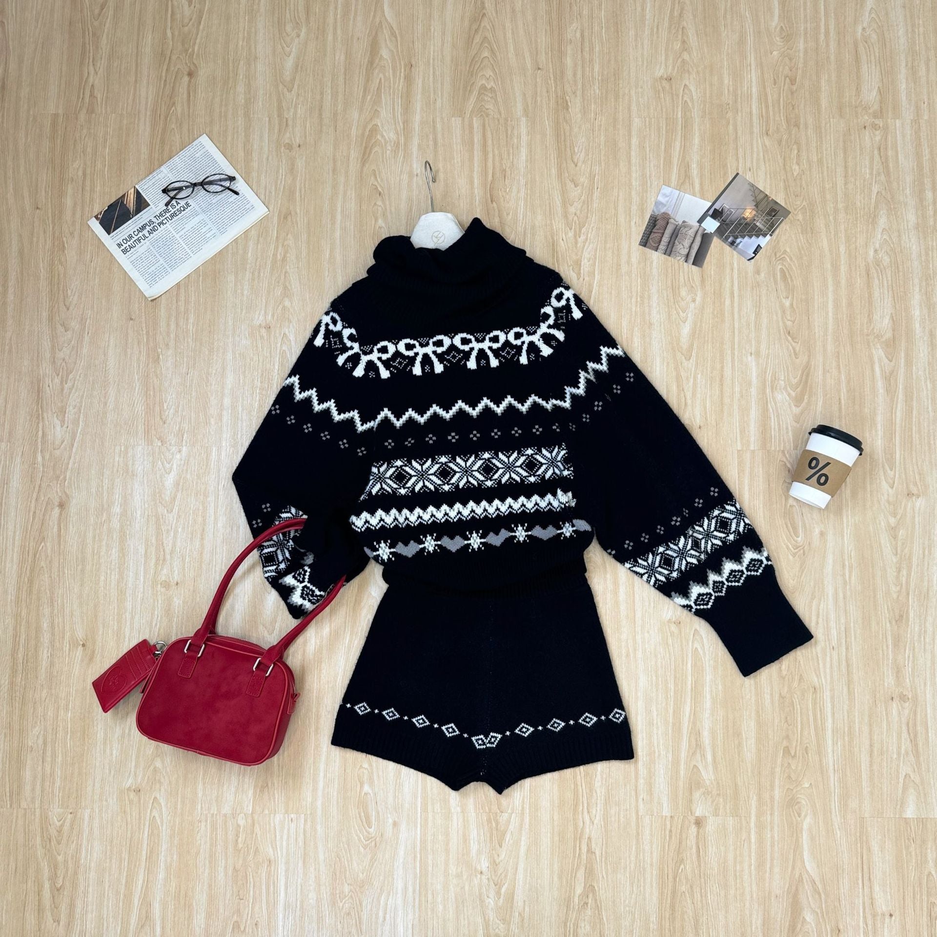 Nordic Echo Knit Set featuring a cozy oversized sweater and matching shorts in black and white design