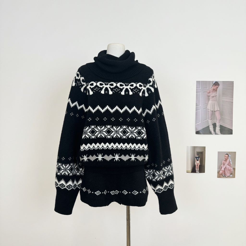 Cozy black Nordic Echo Knit Set featuring winter-inspired patterns and a stylish cowl neck design