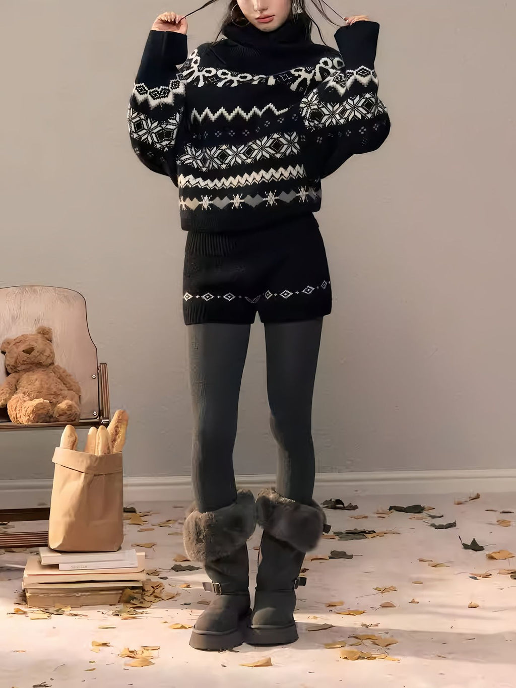 Cozy Nordic Echo Knit Set featuring a patterned sweater and shorts for stylish winter comfort