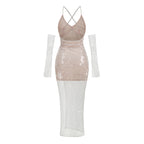 AM Vision RO One-Shoulder Sequin Gown in Beige with Sheer Sleeves and Backless Design