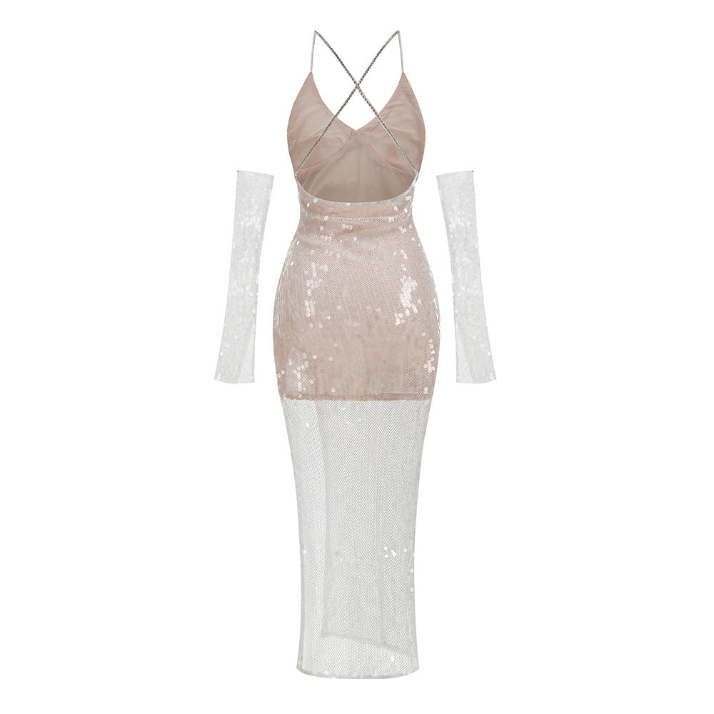 AM Vision RO One-Shoulder Sequin Gown in Beige with Sheer Sleeves and Backless Design