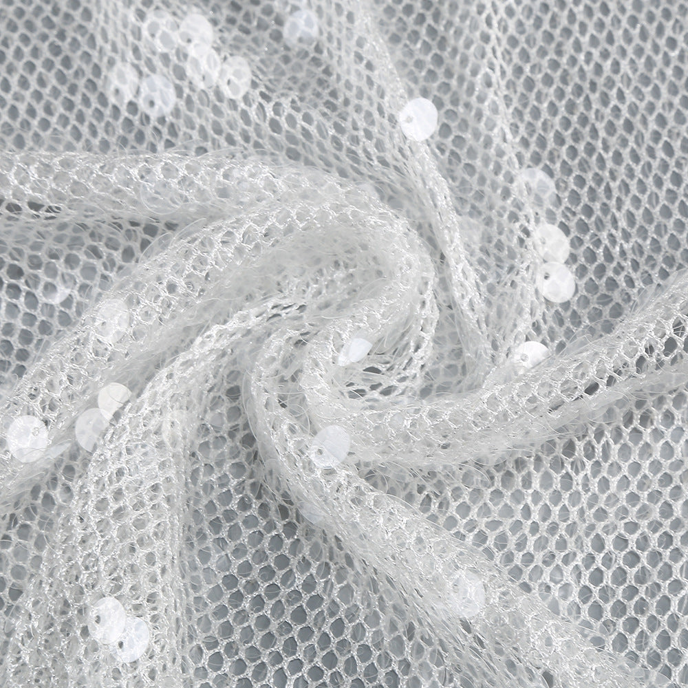 Close-up of shimmering fabric featuring sequins for a One-Shoulder Sequin Gown design