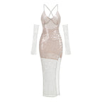 AM Vision RO One-Shoulder Sequin Gown with Sheer Sleeves and Slim Fit Design